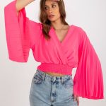 Fluo różowa kopertowa bluzka wizytowa z plisowaniem