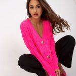 Fluo różowy sweter rozpinany w ażurowy wzór RUE PARIS